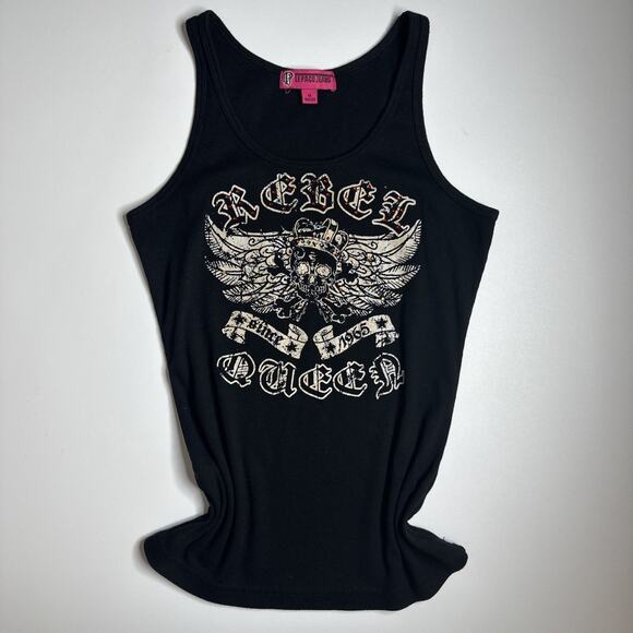 Vintage Y2K Le Paco Rebel Queen Skull Tank Top Rhinestone Goth Biker M Mcbling - Picture 3 of 8